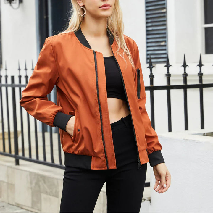 Everly rust orange bomber jacket, open front view