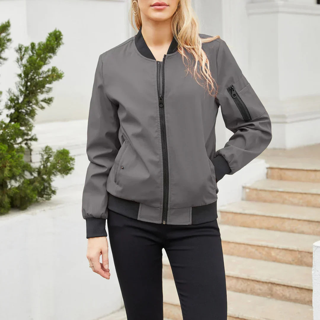 Everly gray bomber jacket with ribbed cuffs, front view