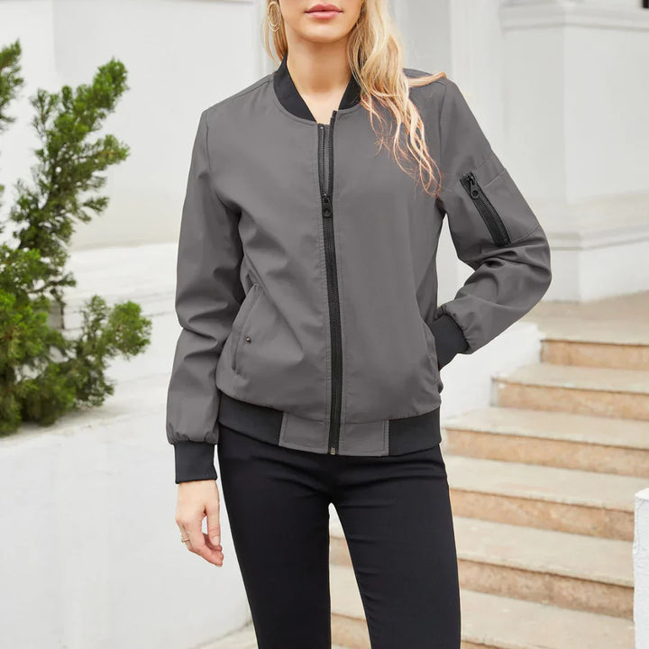 Everly gray bomber jacket with ribbed cuffs, front view