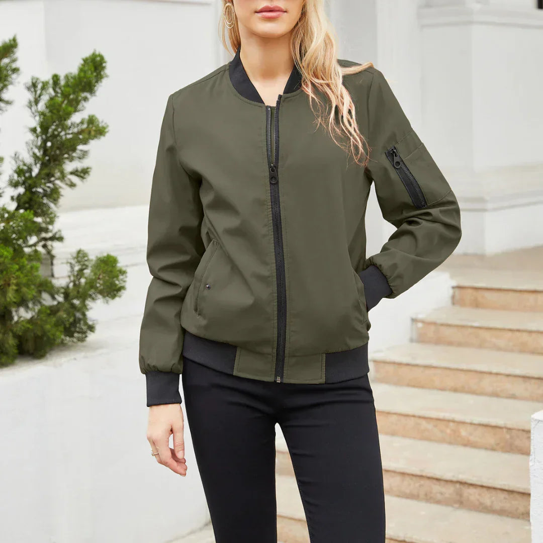 Everly olive green bomber jacket, front view