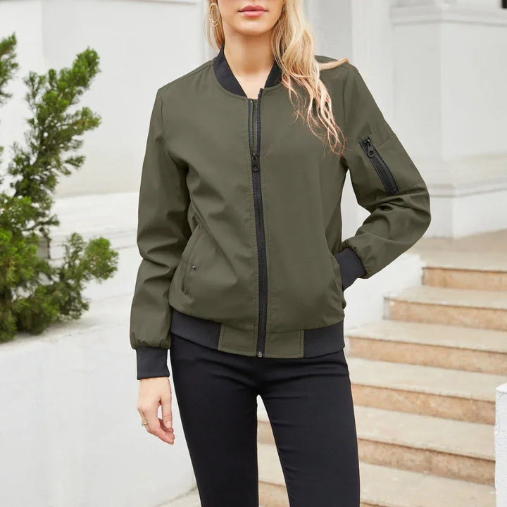Everly olive green bomber jacket, front view
