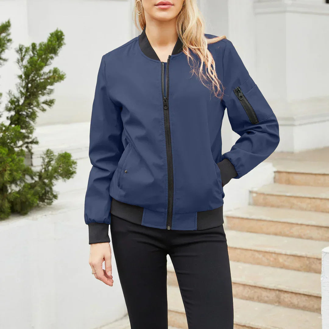 Everly navy blue bomber jacket, front view