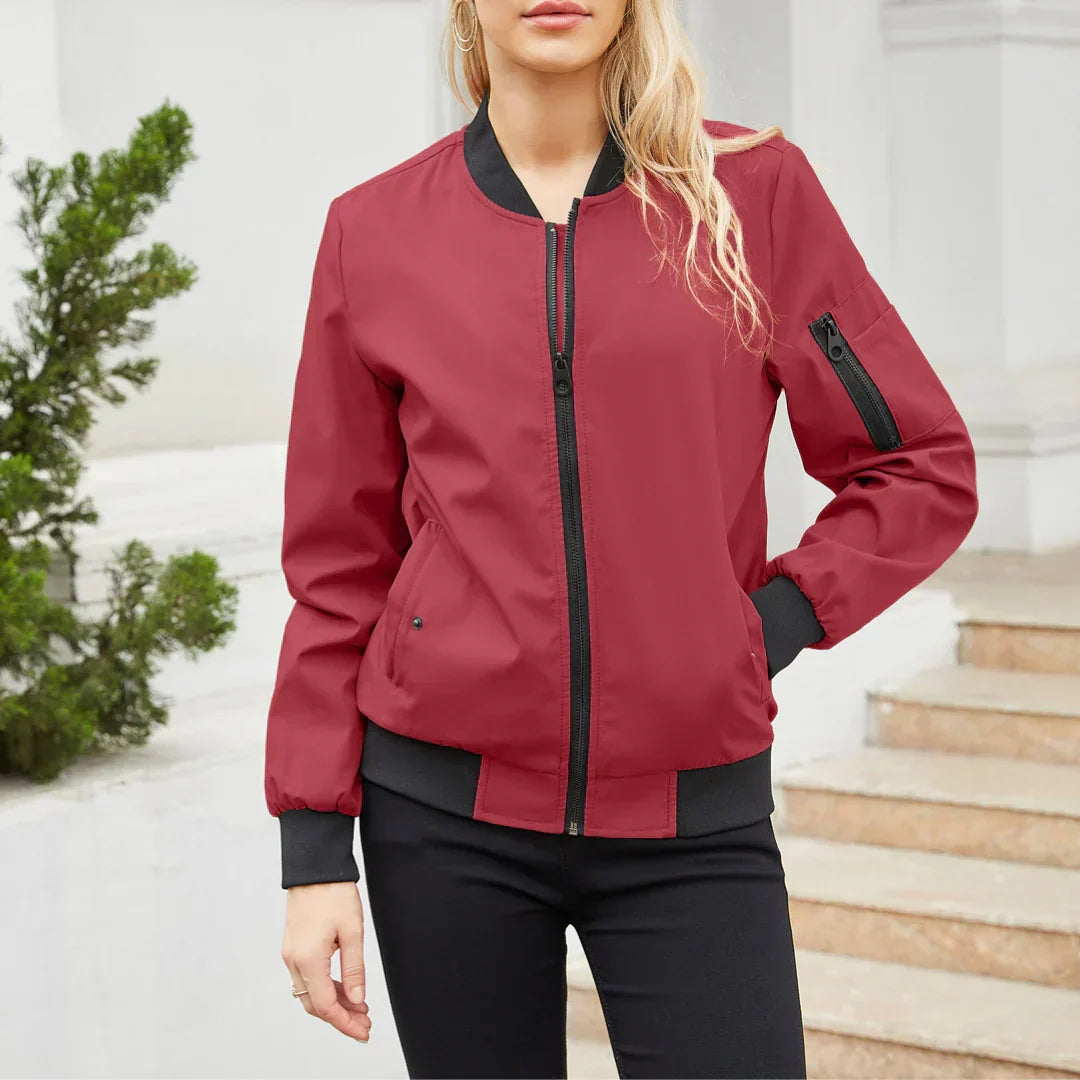 Everly wine red bomber jacket, front view