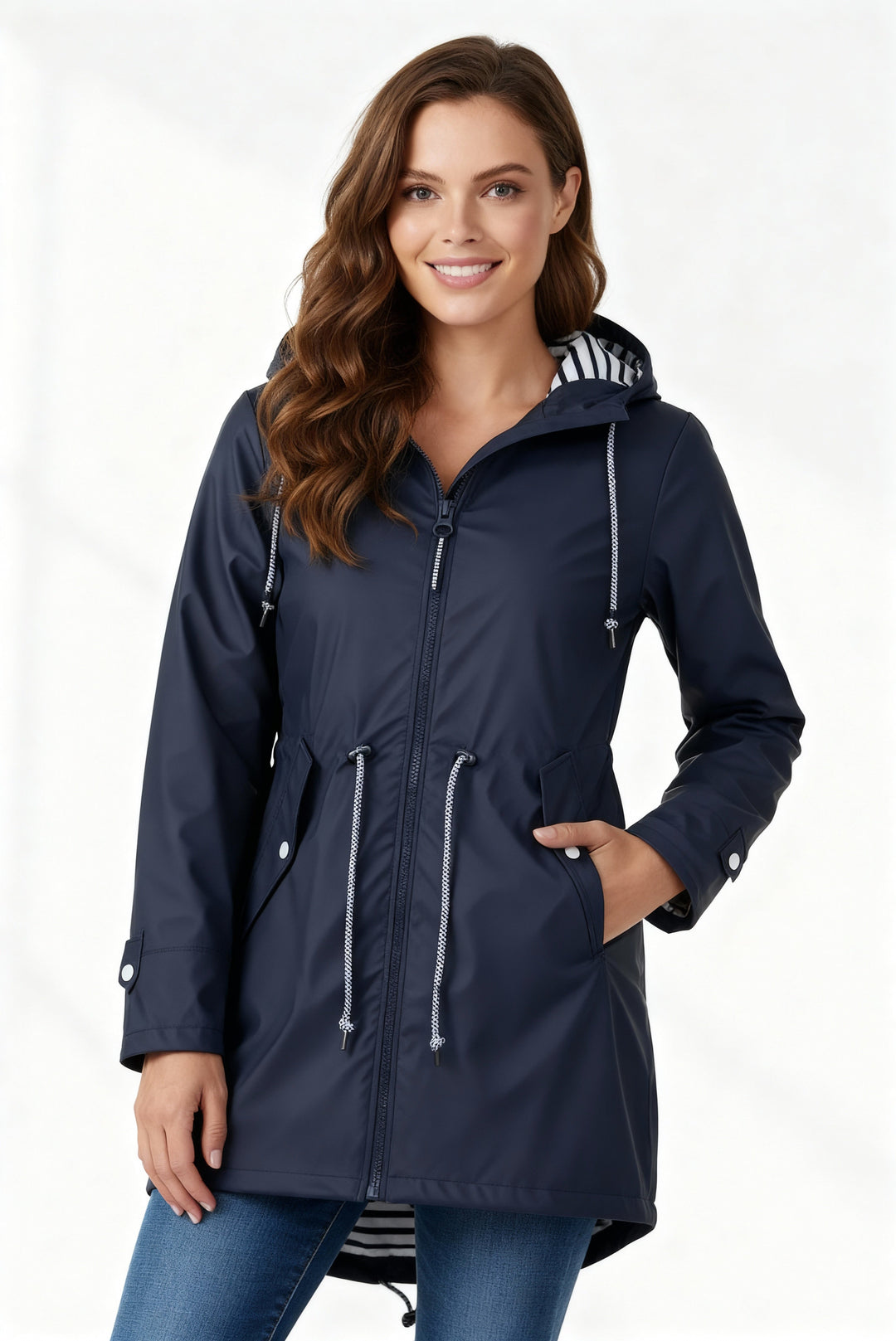 Everly navy hooded rain jacket zipped up with striped lining, front view