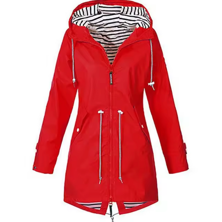 Everly red hooded rain jacket, product flat lay