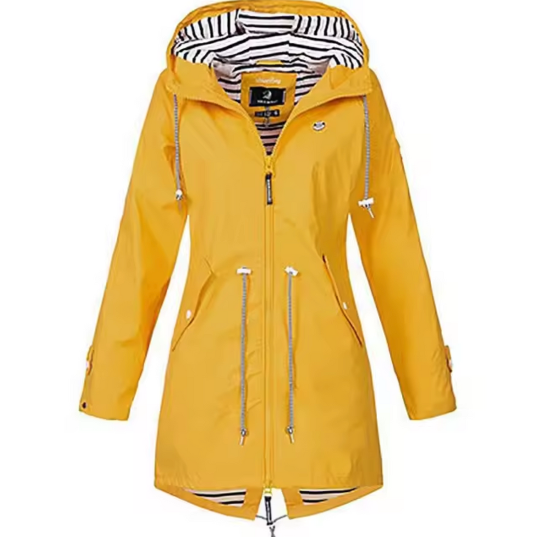 Everly yellow hooded rain jacket, product flat lay