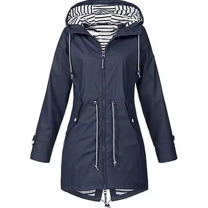 Everly navy blue hooded rain jacket, product flat lay