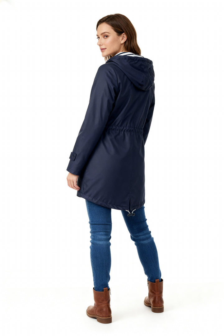 Everly navy longline rain jacket, back view