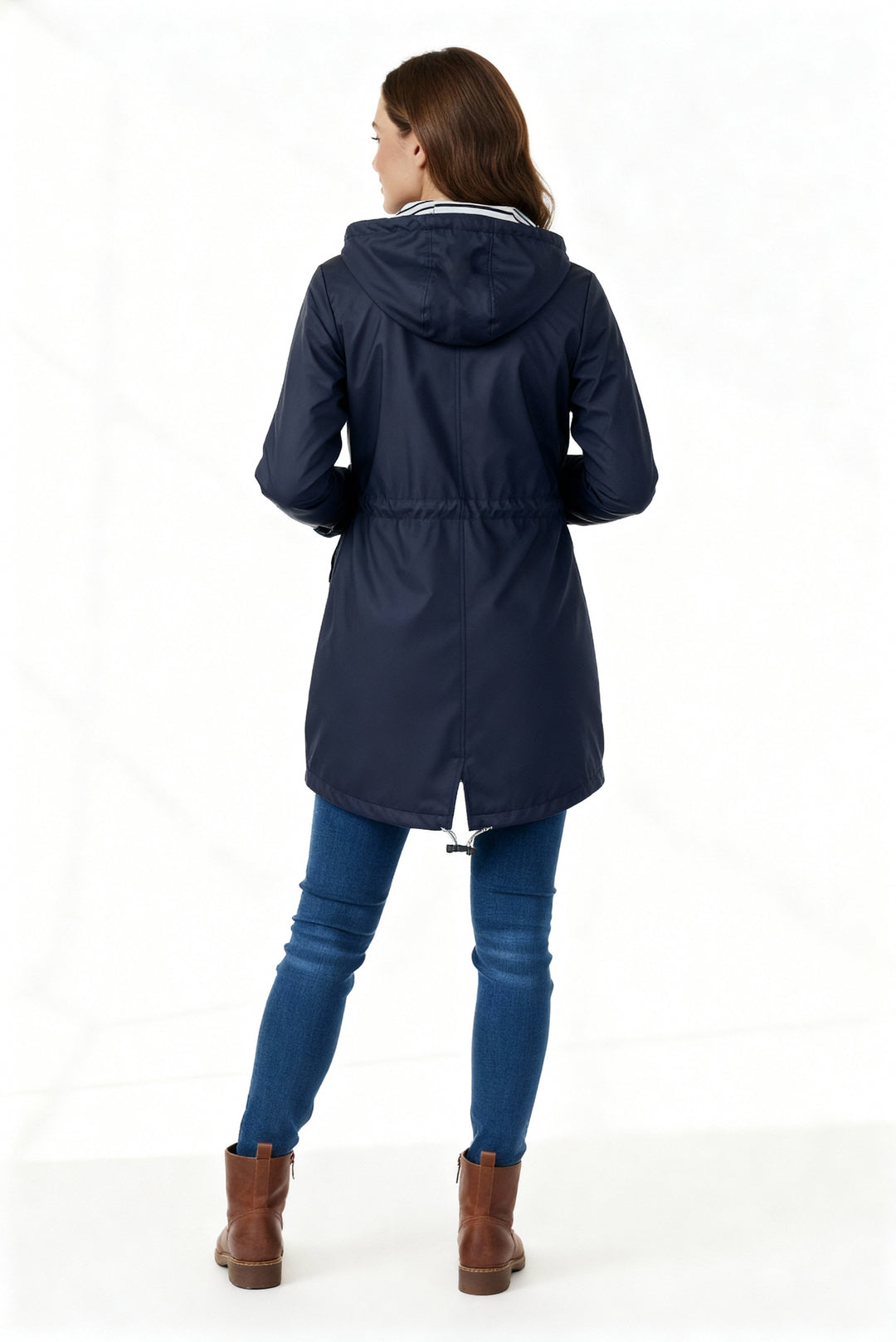 Everly navy rain jacket full length back view with boots