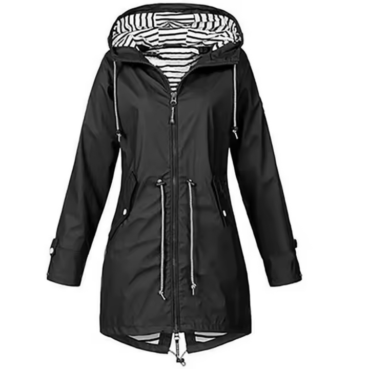 Everly black hooded rain jacket, product flat lay