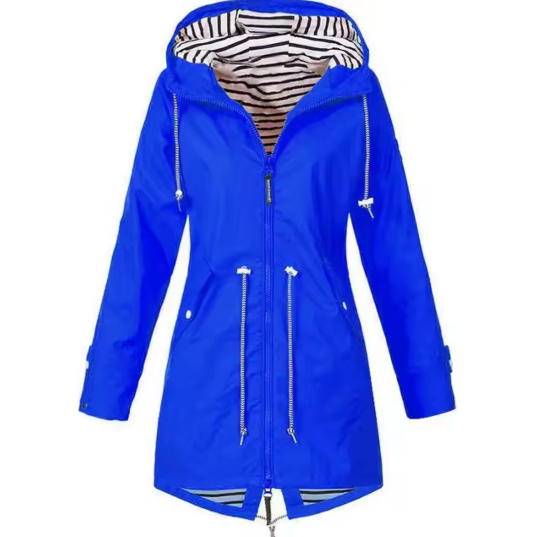Everly blue hooded rain jacket, product flat lay