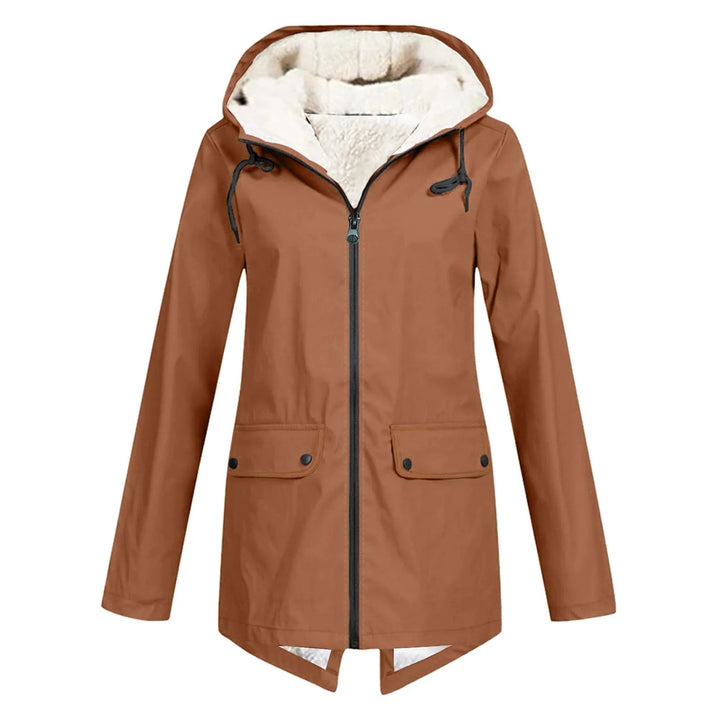 Everly rust hooded rain jacket with sherpa lining, front view