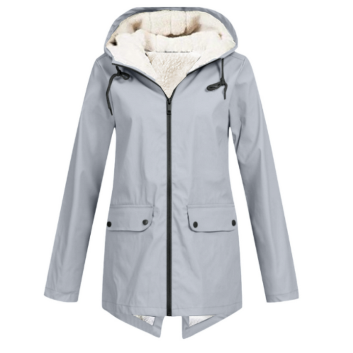Everly gray hooded rain jacket with fishtail hem, front view