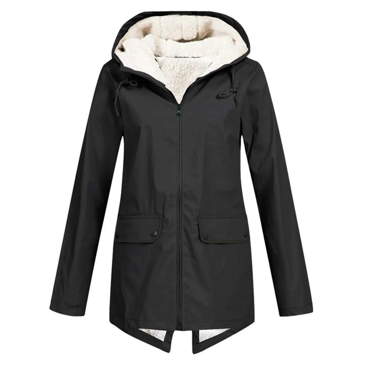 Everly black hooded rain jacket with zip closure, front view