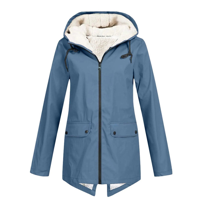 Everly blue hooded rain jacket with drawstring hood, front view