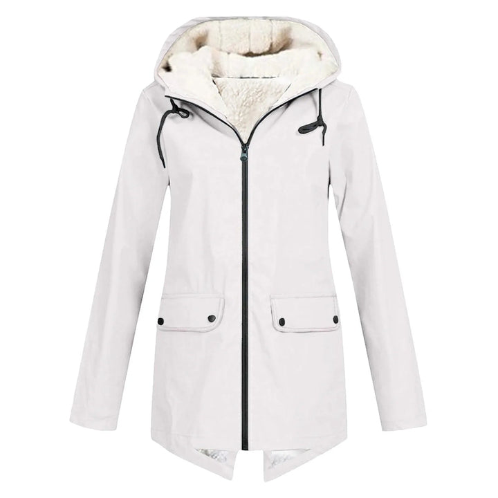 Everly white hooded rain jacket with flap pockets, front view