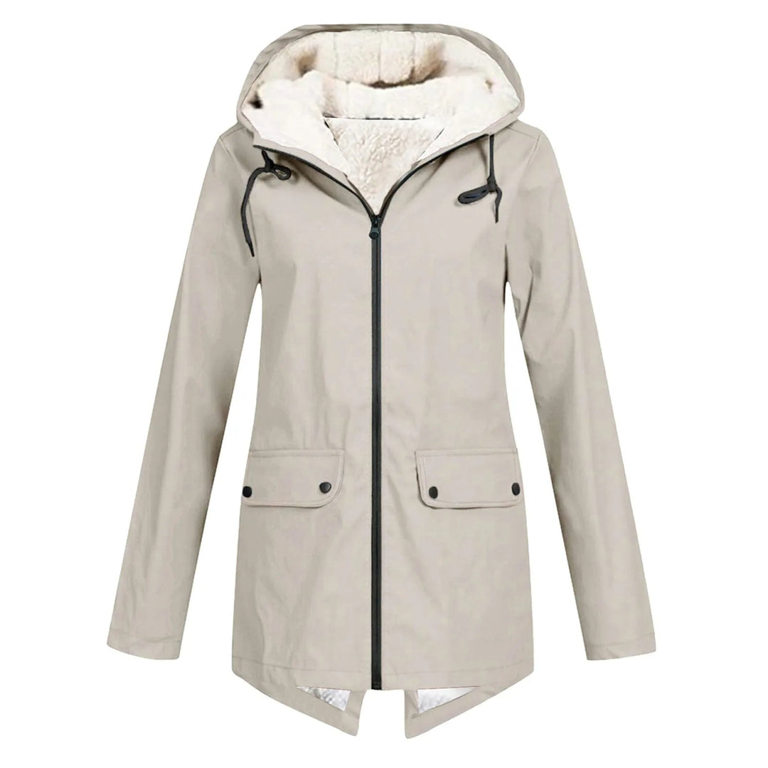 Everly beige hooded rain jacket with sherpa-lined hood, front view