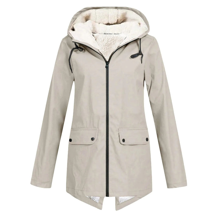 Everly beige hooded rain jacket with sherpa-lined hood, front view