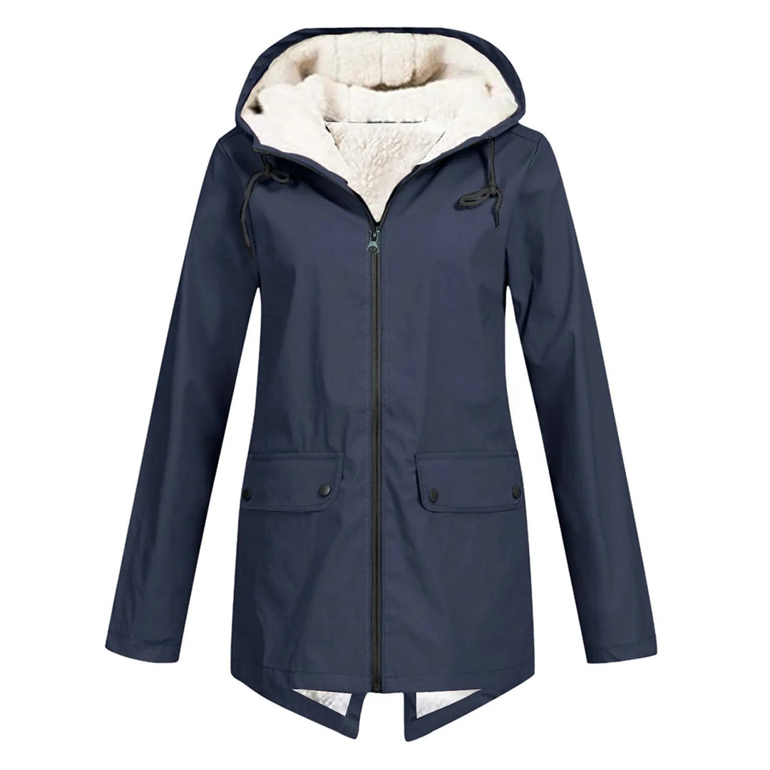 Everly navy hooded rain jacket with snap button pockets, front view