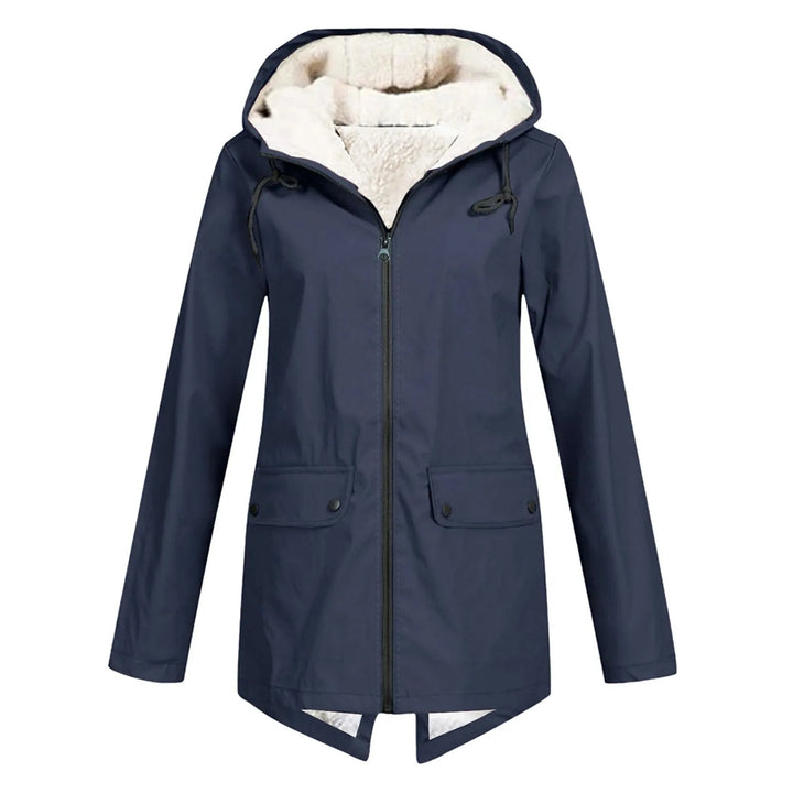 Everly navy hooded rain jacket with snap button pockets, front view