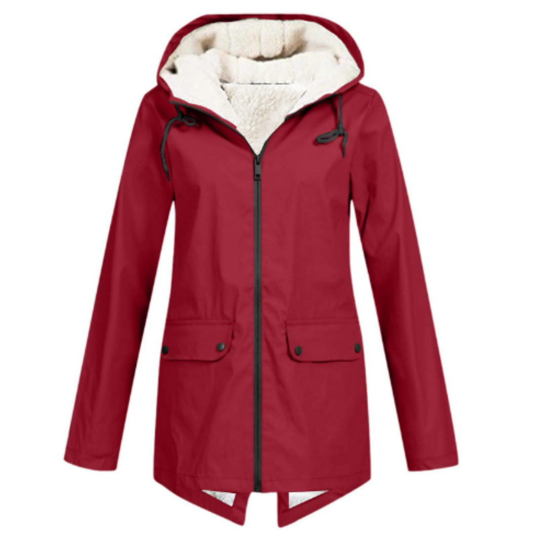 Everly red hooded rain jacket with fishtail hem, front view