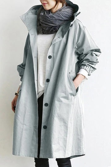Everly hooded oversized trench coat in light grey, side view with scarf