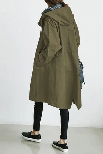 Everly hooded oversized trench coat in olive green, back view showing hood and drawstring waist