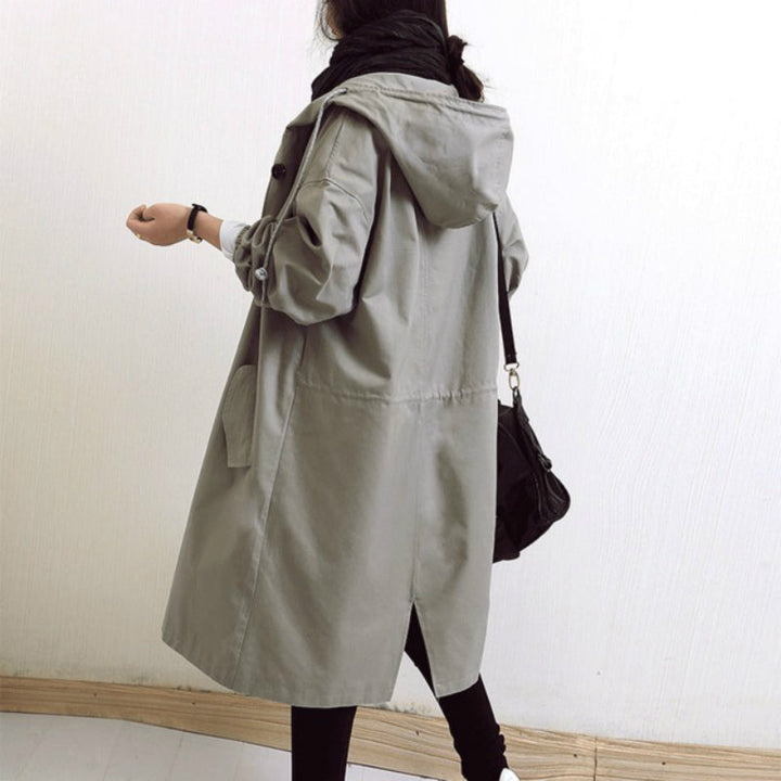 Everly hooded oversized trench coat in grey, back view showing hood and pocket detail