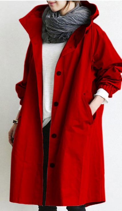 Everly hooded oversized trench coat in red, front view with scarf