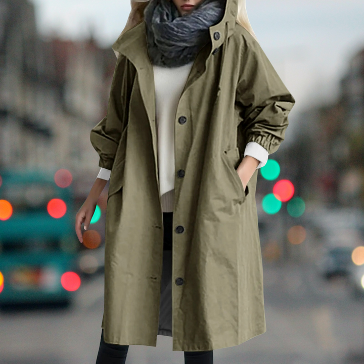 Everly hooded trench coat in olive green, front view on model
