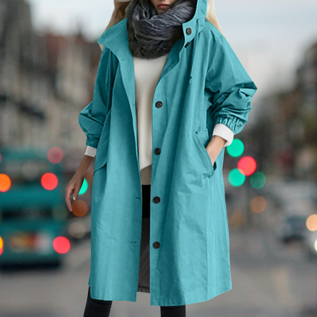 Everly hooded trench coat in teal, buttoned front view