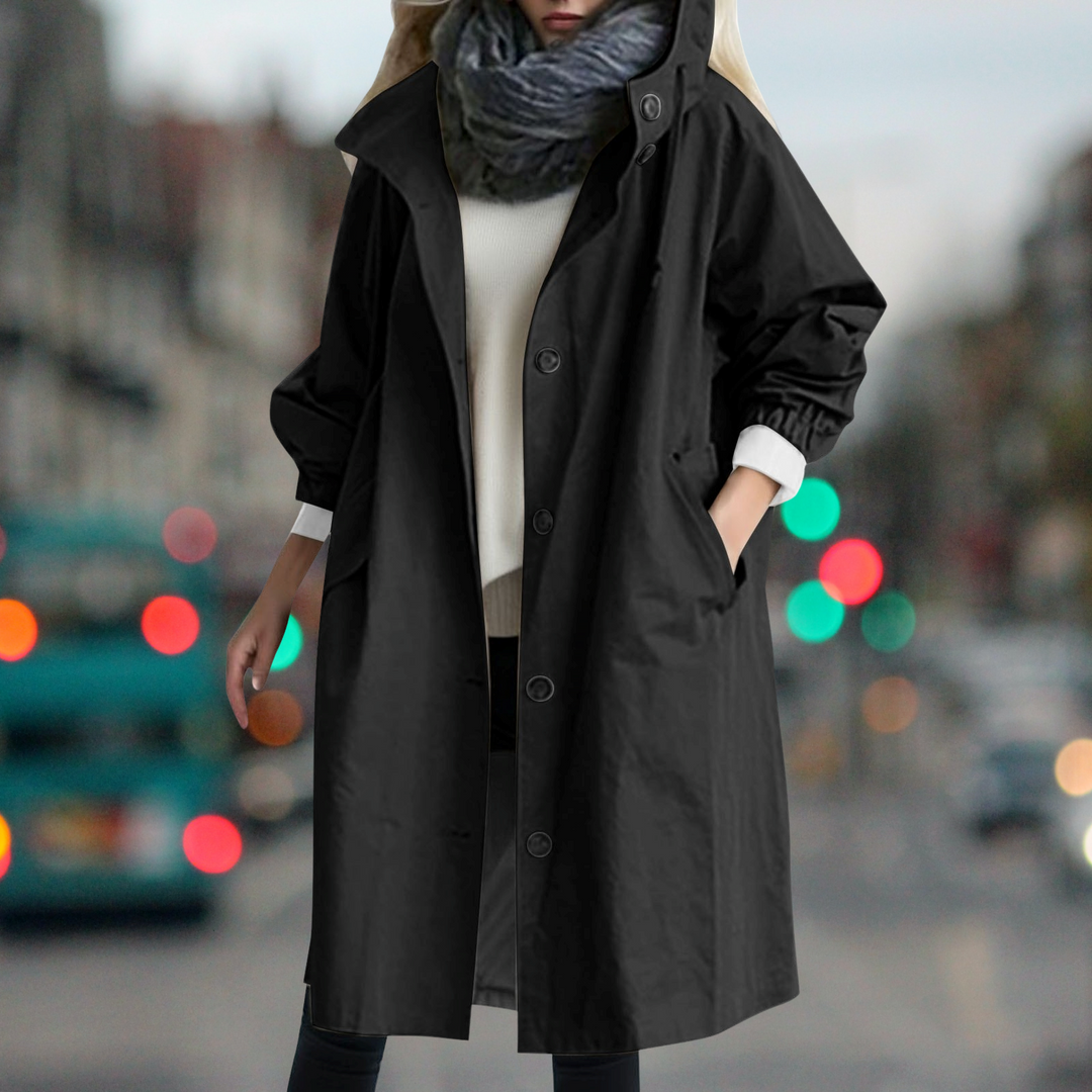 Everly hooded trench coat in black, full length front view