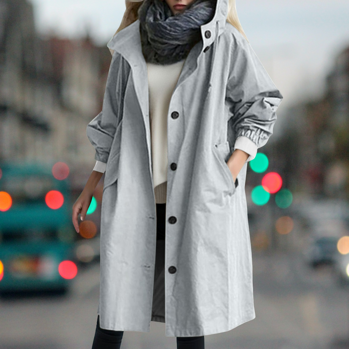 Everly hooded trench coat in light gray, front view with scarf