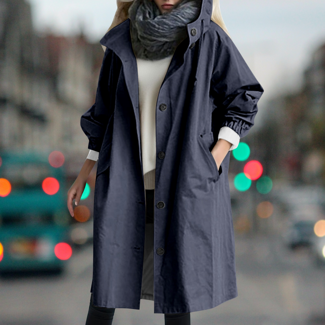 Everly hooded trench coat in navy, front view on city background