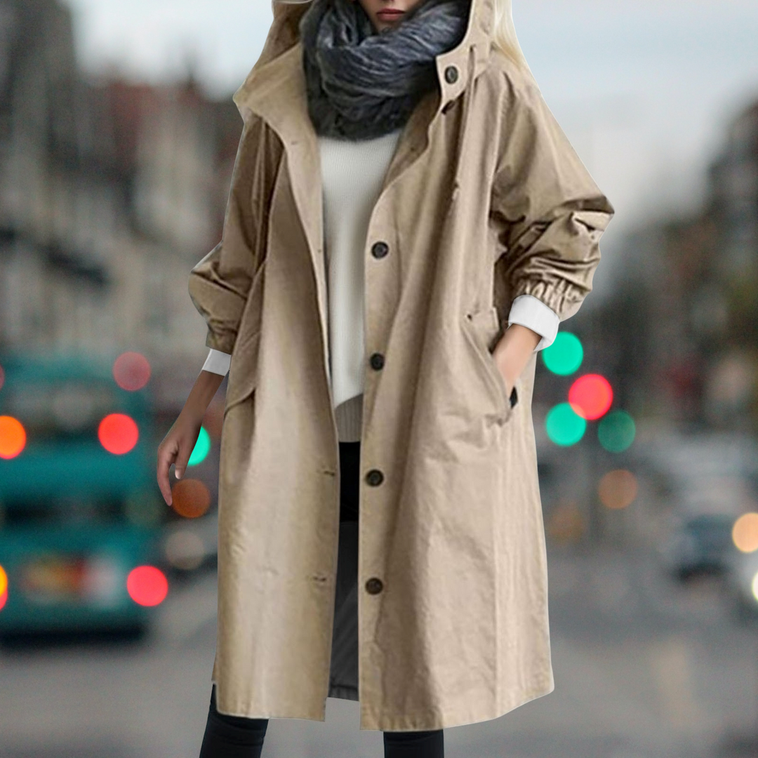 Everly hooded trench coat in camel, front view with hood detail