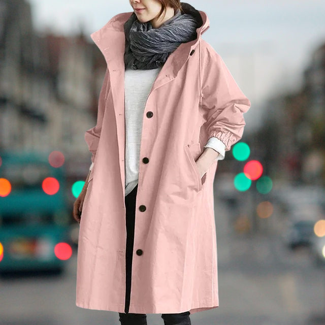 Everly hooded trench coat in pink, close-up front view