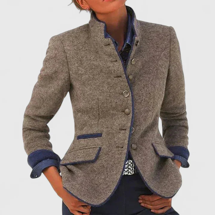 Everly wool military blazer with stand collar, front view close-up