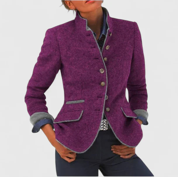 Everly stand collar fitted blazer shown in a purple colorway
