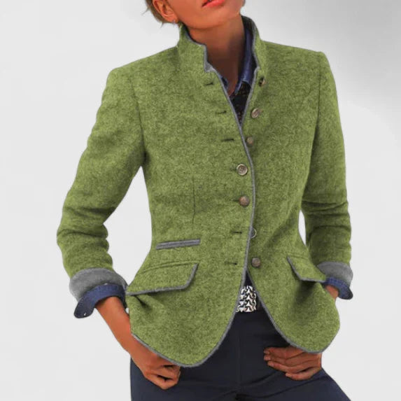 Everly military blazer shown in a green colorway with contrast piping