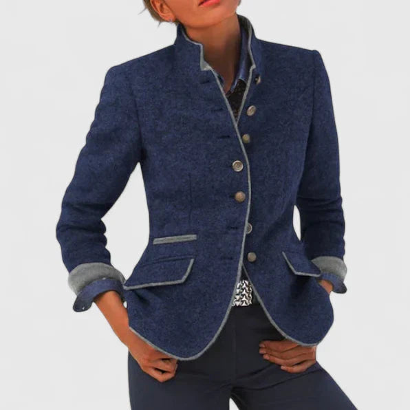 Everly stand collar blazer shown in a royal blue colorway