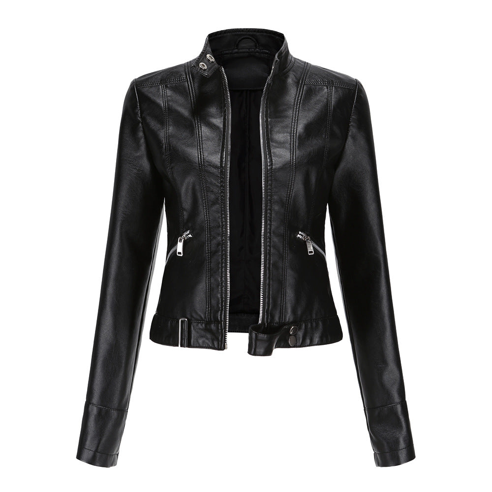 Everly moto stand collar cropped jacket in black, front view