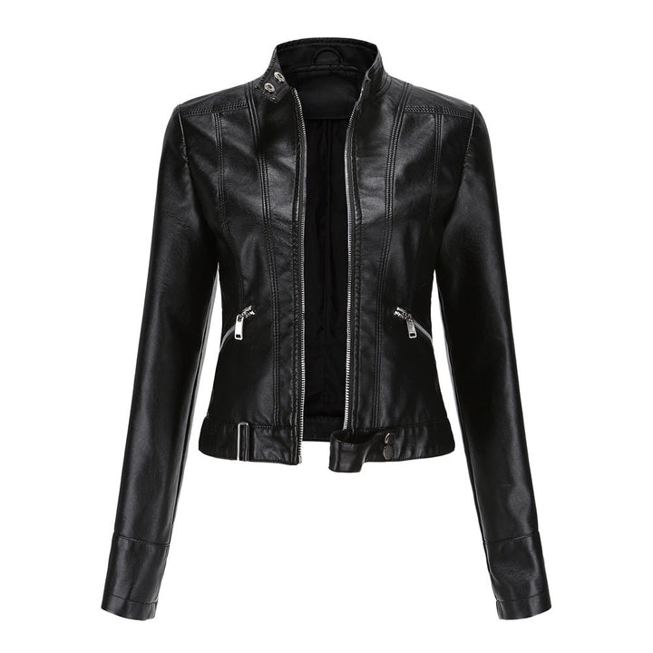 Everly moto stand collar cropped jacket in black, front view
