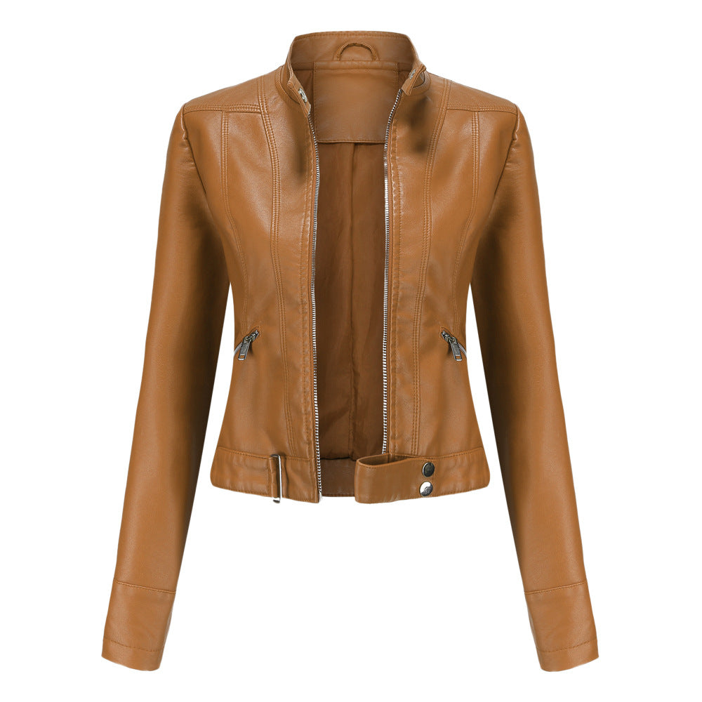 Everly moto stand collar cropped jacket in camel, front view