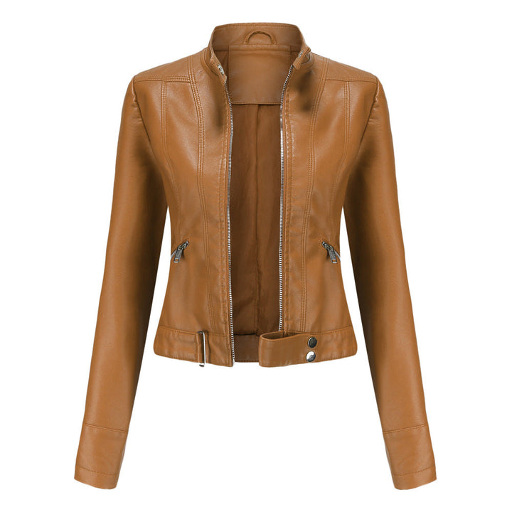 Everly moto stand collar cropped jacket in camel, front view