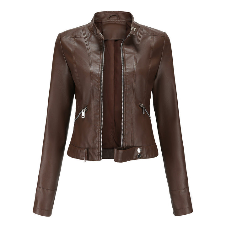 Everly moto stand collar cropped jacket in brown, front view