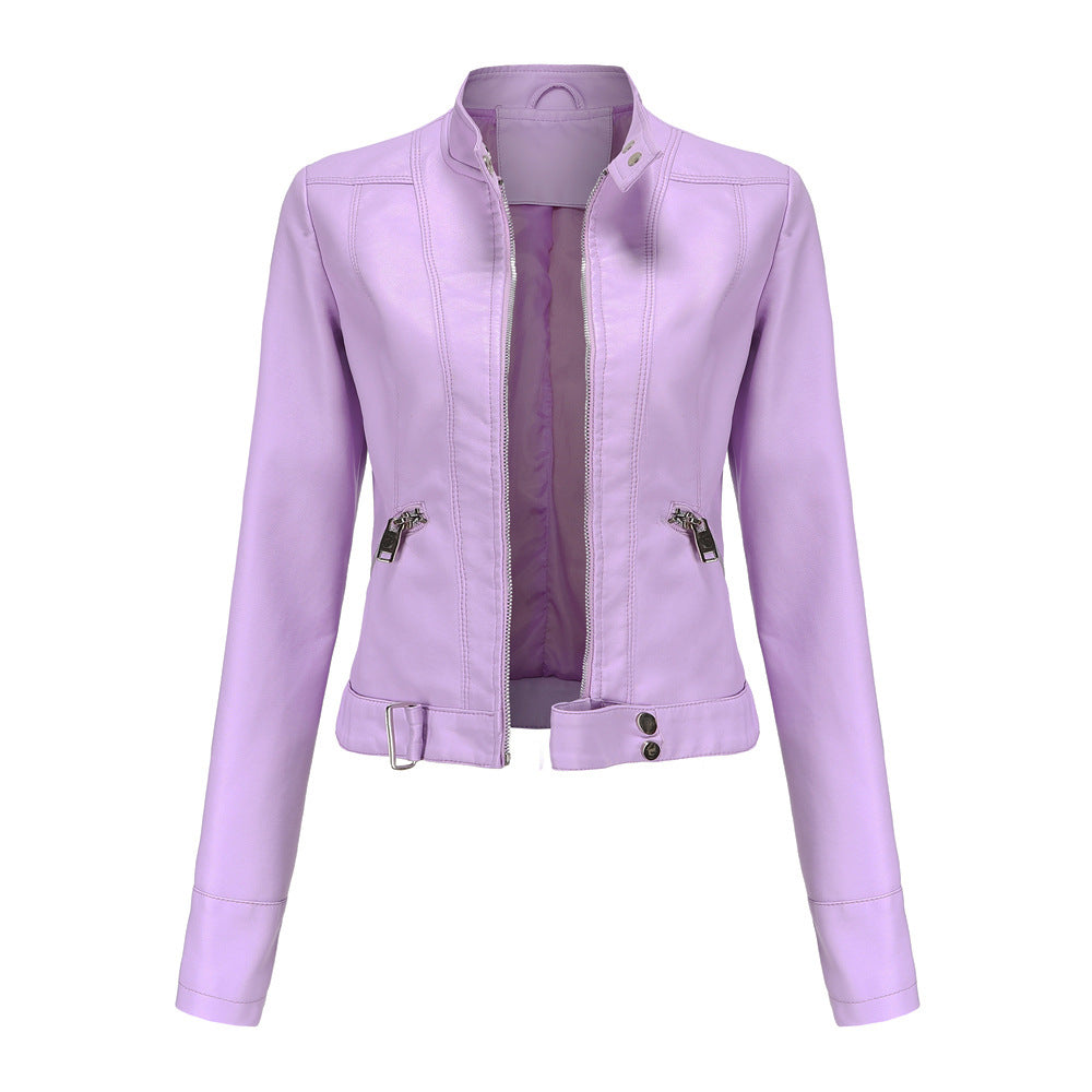 Everly moto stand collar cropped jacket in lilac, front view