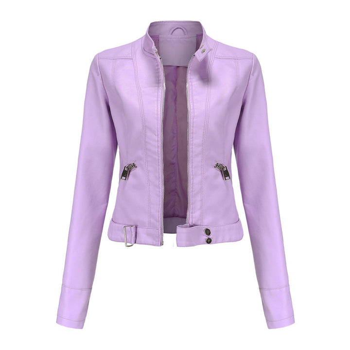 Everly moto stand collar cropped jacket in lilac, front view