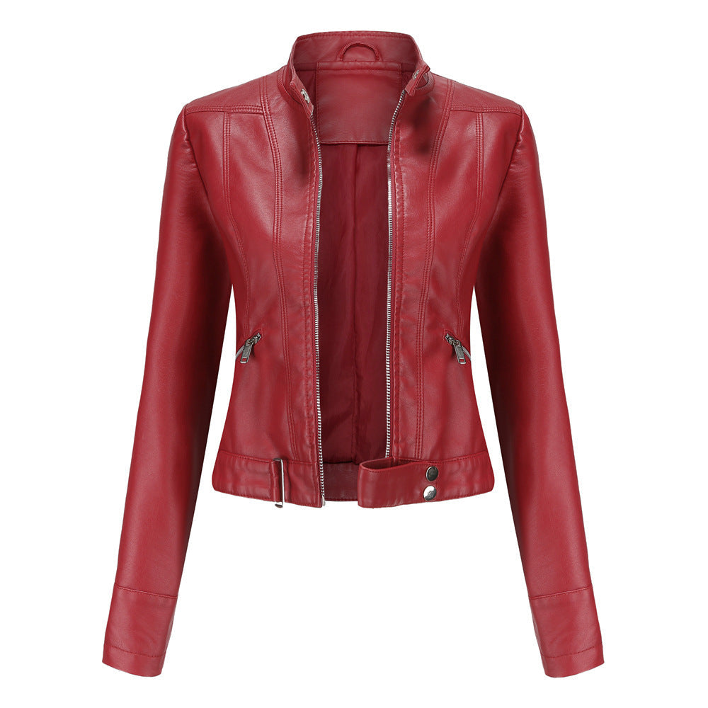 Everly moto stand collar cropped jacket in red, front view