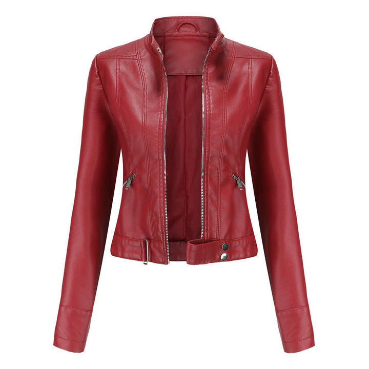 Everly moto stand collar cropped jacket in red, front view
