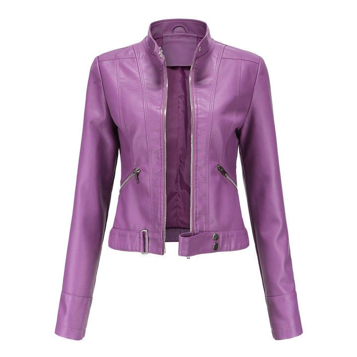 Everly moto stand collar cropped jacket in purple, front view